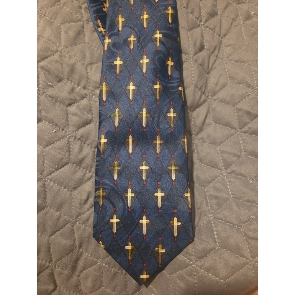 Kērussō Neckwear Christian Cross Necktie Navy Blue Gold Religious Church Tie
